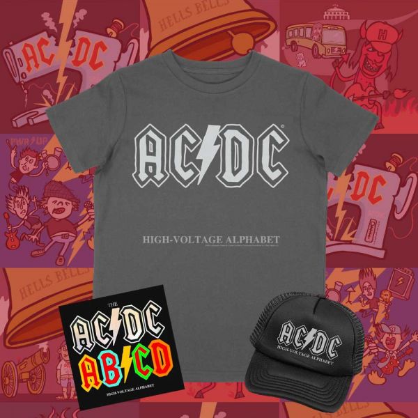AC/DC Kids Alphabet Book + Back in ABCD Charcoal Tshirt + Cap